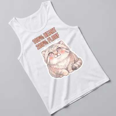 Kawaii illustration of a cute Pallas Cat with the text '100% HEART 200% FLOOF' — printed on a tank top