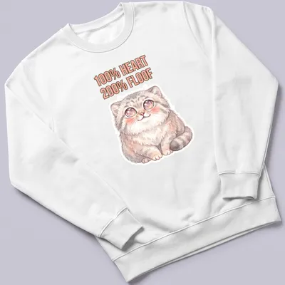 Kawaii illustration of a cute Pallas Cat with the text '100% HEART 200% FLOOF' — printed on a unisex sweatshirt