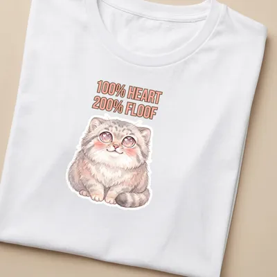 Kawaii illustration of a cute Pallas Cat with the text '100% HEART 200% FLOOF' — printed on a women's shirt