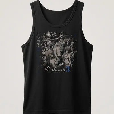 Anime characters diving in a black and white sketch style on a summer-themed — printed on a tank top
