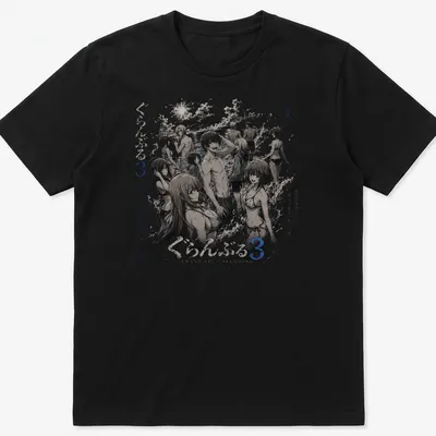 Anime characters diving in a black and white sketch style on a summer-themed t-shirt