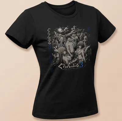 Anime characters diving in a black and white sketch style on a summer-themed — printed on a women's shirt