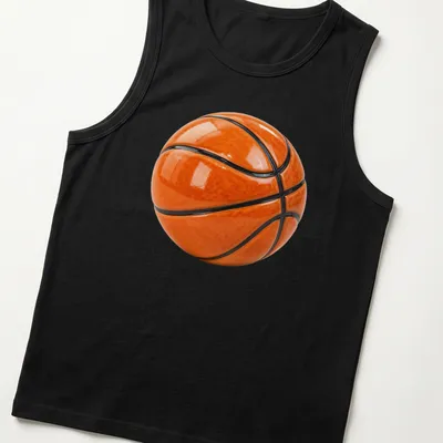 Realistic print of a 3D basketball against a black background — printed on a tank top