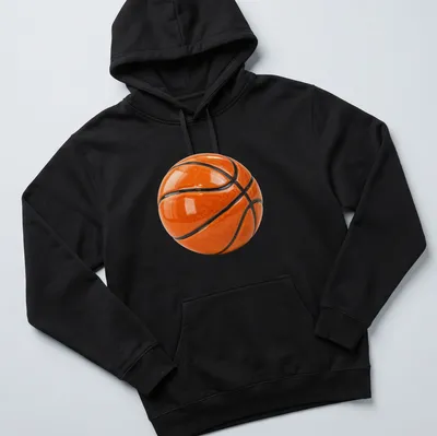 Realistic print of a 3D basketball against a black background — printed on a unisex hoodie