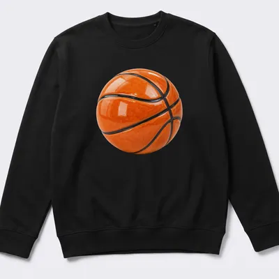 Realistic print of a 3D basketball against a black background — printed on a unisex sweatshirt
