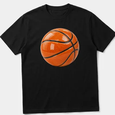Realistic print of a 3D basketball against a black background — printed on a unisex t-shirt