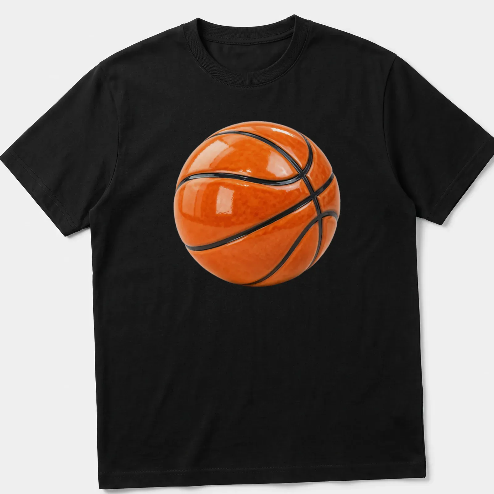 Realistic print of a 3D basketball against a black background — printed on a unisex t-shirt
