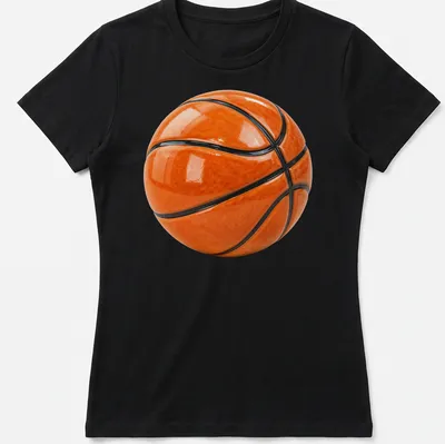Realistic print of a 3D basketball against a black background — printed on a women's shirt