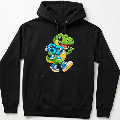 Kawaii T-Rex graphic with playful colors and funny text — printed on a unisex hoodie