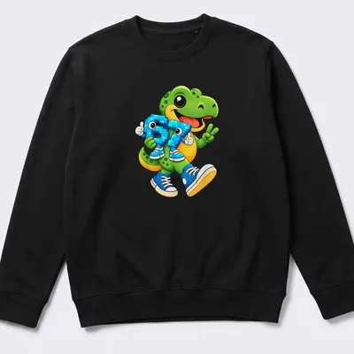Kawaii T-Rex graphic with playful colors and funny text — printed on a unisex sweatshirt