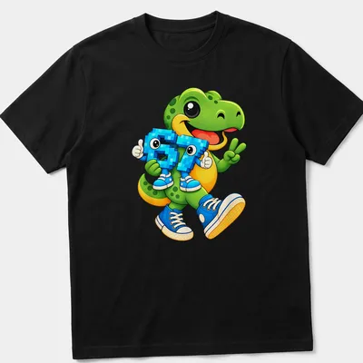 Kawaii T-Rex graphic with playful colors and funny text