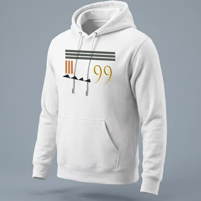 Minimalist t-shirt featuring the number 99 with abstract shapes in gold and black. — printed on a unisex hoodie