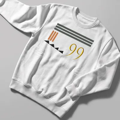 Minimalist t-shirt featuring the number 99 with abstract shapes in gold and black. — printed on a unisex sweatshirt