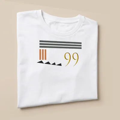 Minimalist t-shirt featuring the number 99 with abstract shapes in gold and black. — printed on a unisex t-shirt (angled view)