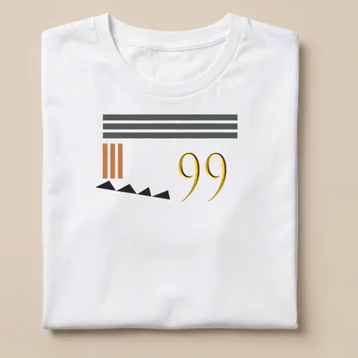 Minimalist t-shirt featuring the number 99 with abstract shapes in gold and black.