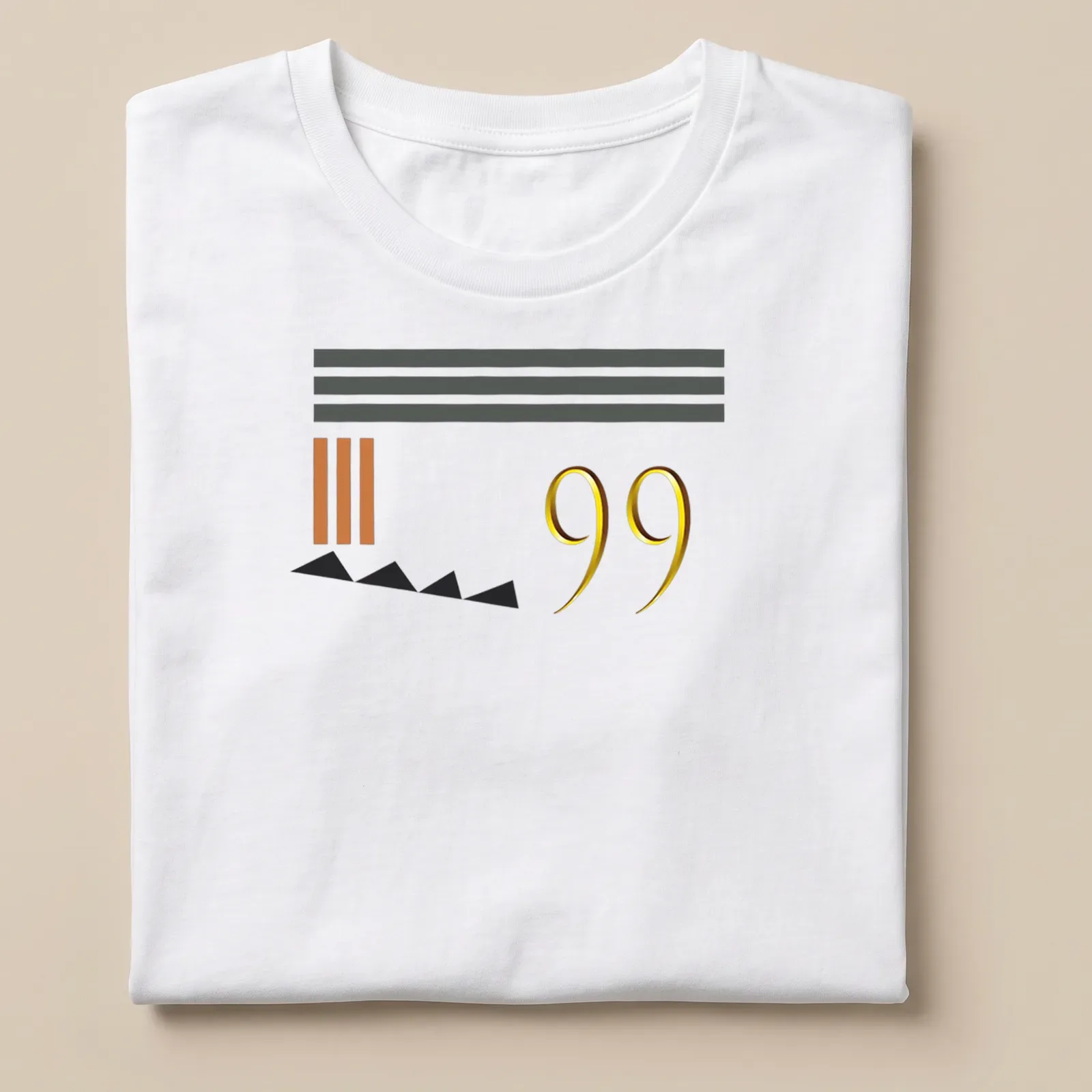 Minimalist t-shirt featuring the number 99 with abstract shapes in gold and black. — printed on a unisex t-shirt
