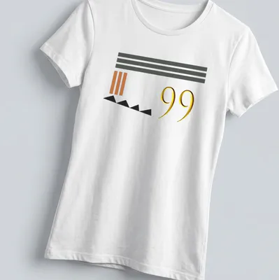 Minimalist t-shirt featuring the number 99 with abstract shapes in gold and black. — printed on a women's shirt