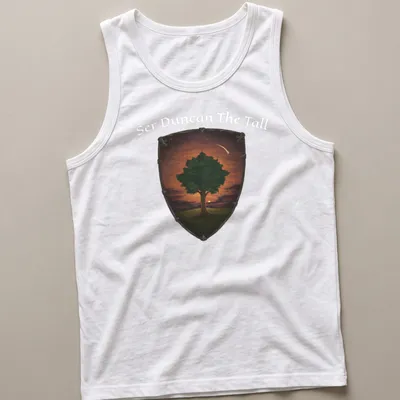 Illustrative tree design in green, orange, brown, and black for a fantasy theme — printed on a tank top