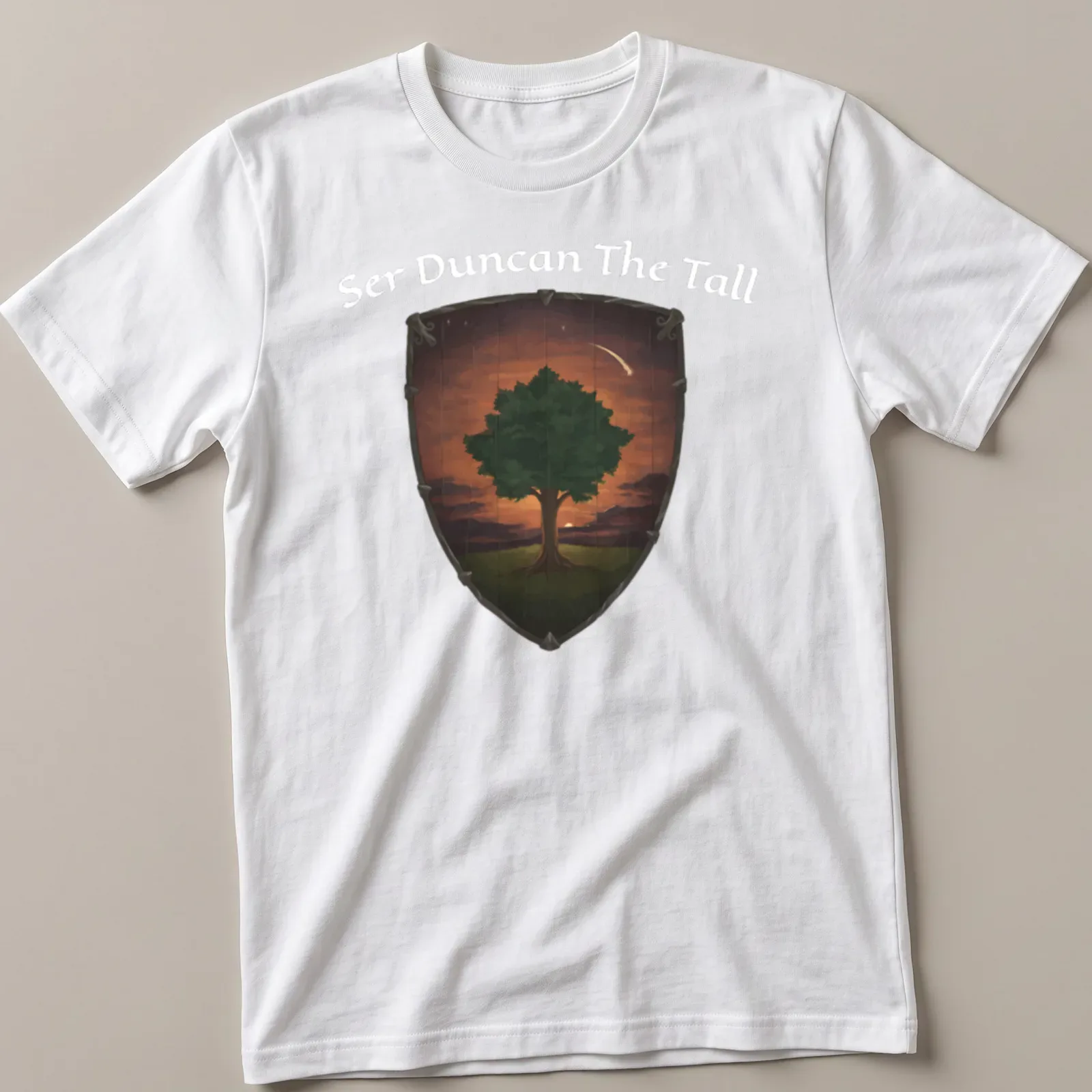 Illustrative tree design in green, orange, brown, and black for a fantasy theme — printed on a unisex t-shirt
