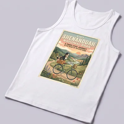 Bernese mountain dog on a bicycle with retro text for Shenandoah National Park — printed on a tank top