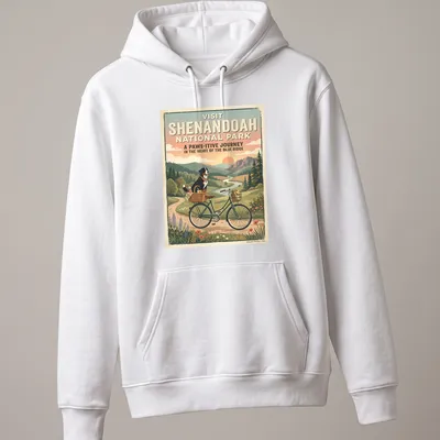 Bernese mountain dog on a bicycle with retro text for Shenandoah National Park — printed on a unisex hoodie