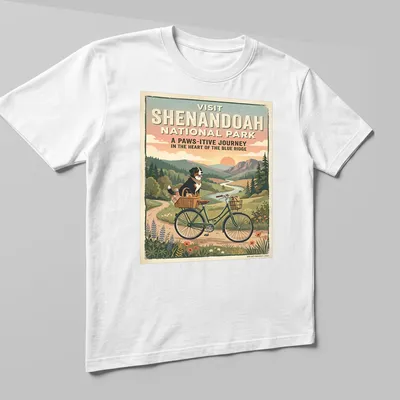 Bernese mountain dog on a bicycle with retro text for Shenandoah National Park — printed on a unisex t-shirt (angled view)