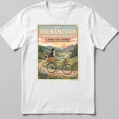 Bernese mountain dog on a bicycle with retro text for Shenandoah National Park — printed on a unisex t-shirt