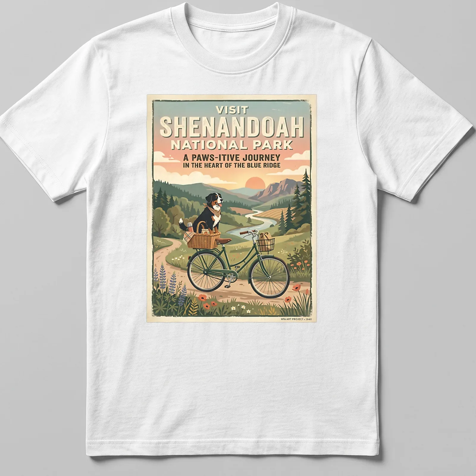Bernese mountain dog on a bicycle with retro text for Shenandoah National Park — printed on a unisex t-shirt