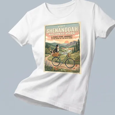 Bernese mountain dog on a bicycle with retro text for Shenandoah National Park — printed on a women's shirt