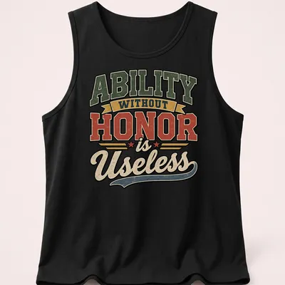 Distressed typography t-shirt featuring the phrase 'Ability Without Honor is Useless' in vintage colors. — printed on a tank top