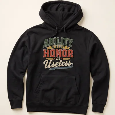 Distressed typography t-shirt featuring the phrase 'Ability Without Honor is Useless' in vintage colors. — printed on a unisex hoodie
