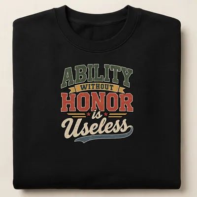Distressed typography t-shirt featuring the phrase 'Ability Without Honor is Useless' in vintage colors. — printed on a unisex sweatshirt