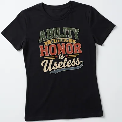 Distressed typography t-shirt featuring the phrase 'Ability Without Honor is Useless' in vintage colors. — printed on a women's shirt