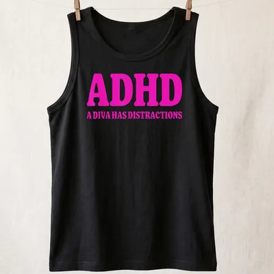 Funny retro t-shirt with text about ADHD and distractions in pink — printed on a tank top