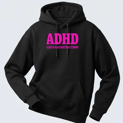 Funny retro t-shirt with text about ADHD and distractions in pink — printed on a unisex hoodie