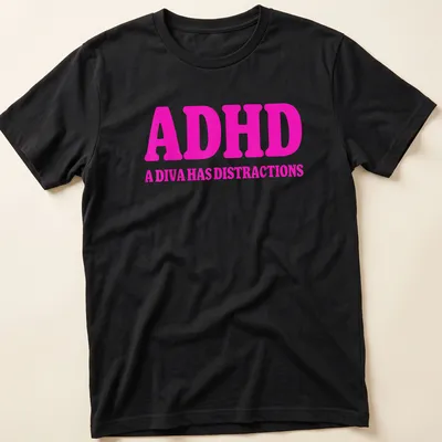 Funny retro t-shirt with text about ADHD and distractions in pink — printed on a unisex t-shirt