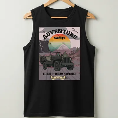 Vintage jeep graphic with retro colors and inspirational text about adventure — printed on a tank top