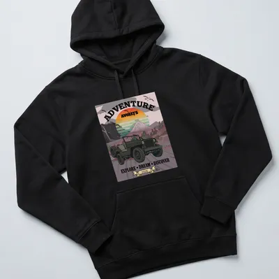 Vintage jeep graphic with retro colors and inspirational text about adventure — printed on a unisex hoodie
