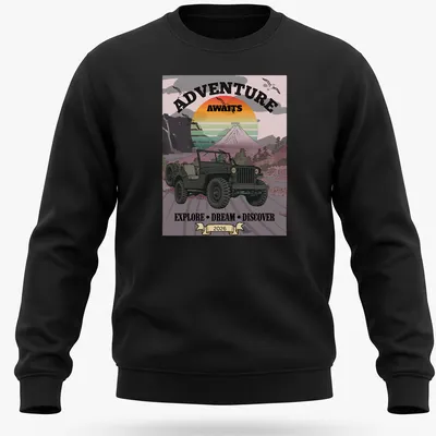 Vintage jeep graphic with retro colors and inspirational text about adventure — printed on a unisex sweatshirt