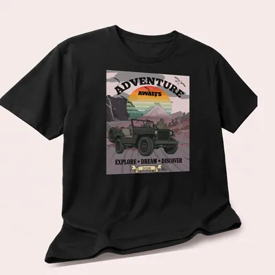 Vintage jeep graphic with retro colors and inspirational text about adventure — printed on a unisex t-shirt (angled view)