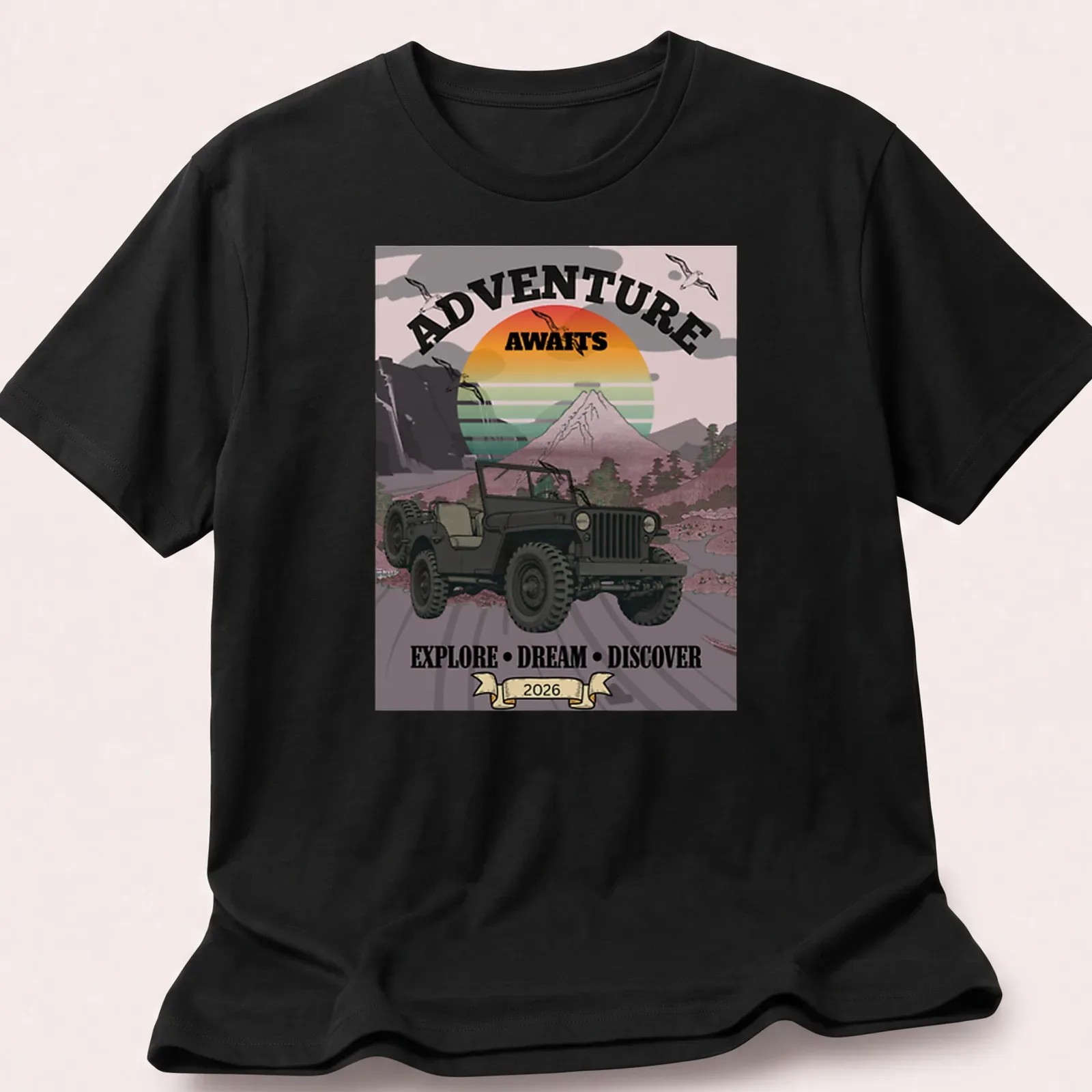 Vintage jeep graphic with retro colors and inspirational text about adventure — printed on a unisex t-shirt
