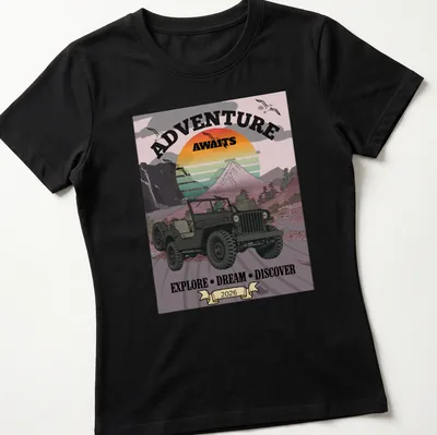 Vintage jeep graphic with retro colors and inspirational text about adventure — printed on a women's shirt
