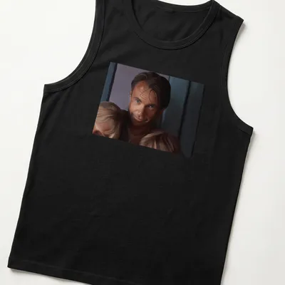 Realistic portrait of Alan Grant with children in warm tones — printed on a tank top