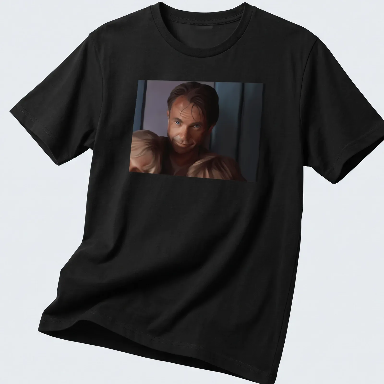 Realistic portrait of Alan Grant with children in warm tones — printed on a unisex t-shirt
