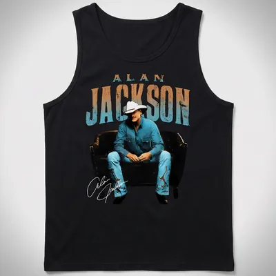 Vintage retro Alan Jackson t-shirt featuring a lounging illustration of the musician — printed on a tank top