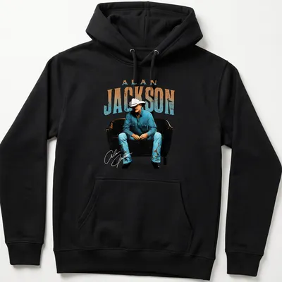 Vintage retro Alan Jackson t-shirt featuring a lounging illustration of the musician — printed on a unisex hoodie