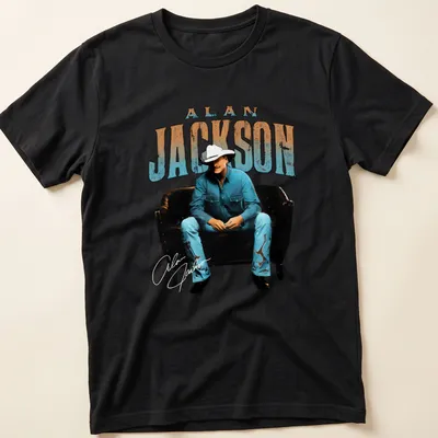 Vintage retro Alan Jackson t-shirt featuring a lounging illustration of the musician — printed on a unisex t-shirt
