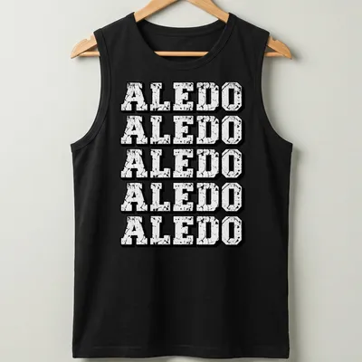 Distressed vintage t-shirt featuring a repeating Aledo text pattern in black and white. — printed on a tank top