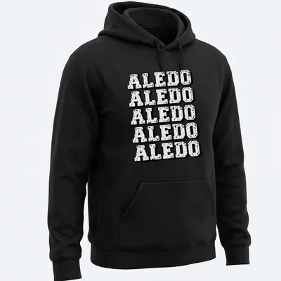 Distressed vintage t-shirt featuring a repeating Aledo text pattern in black and white. — printed on a unisex hoodie