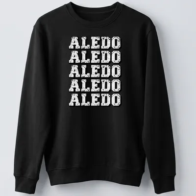 Distressed vintage t-shirt featuring a repeating Aledo text pattern in black and white. — printed on a unisex sweatshirt
